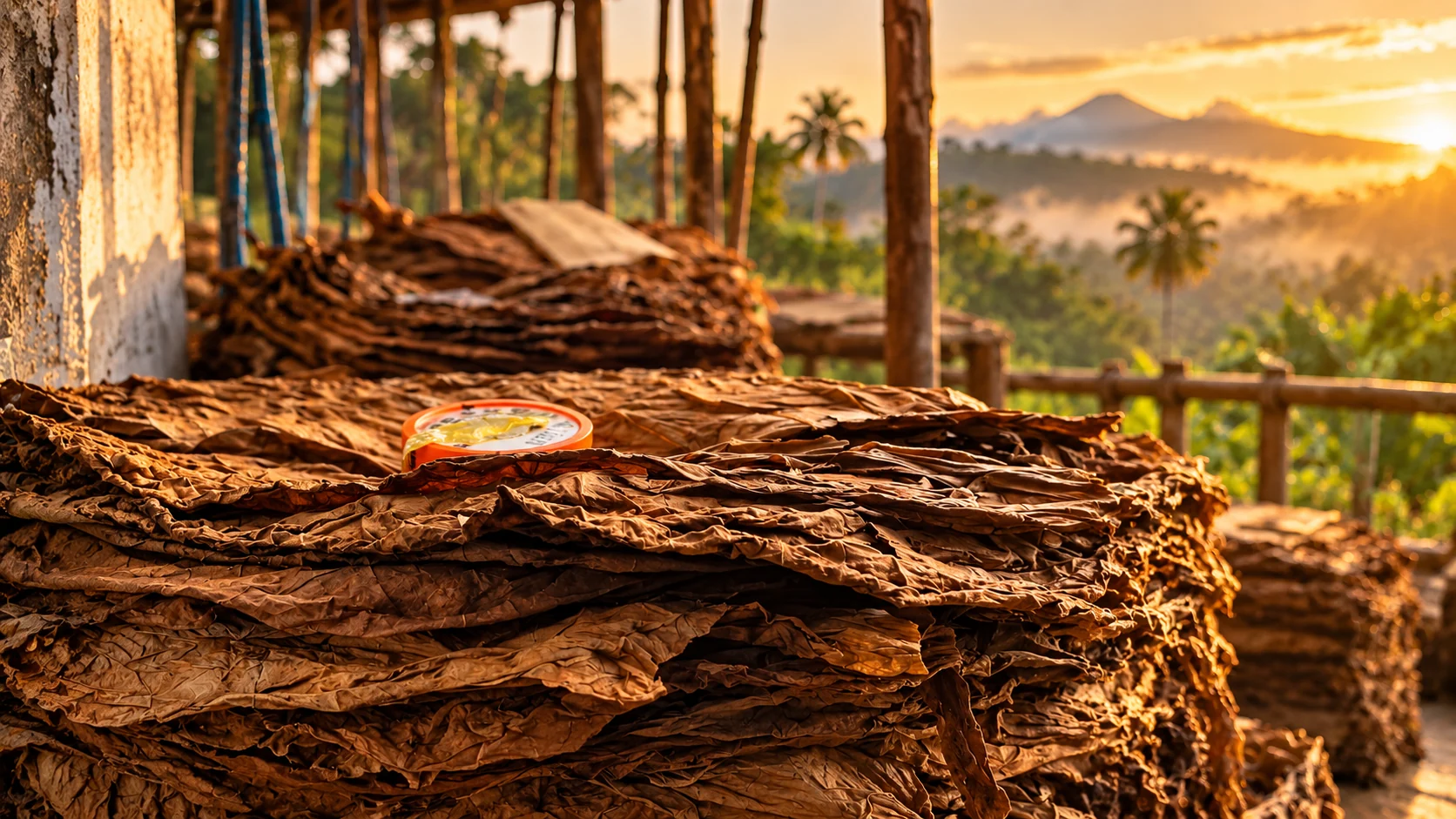 Fermentación del tabaco en pilones y hojas apiladas