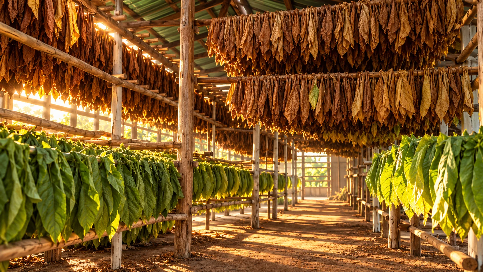 Secado de hojas de tabaco en casa de curado artesanal